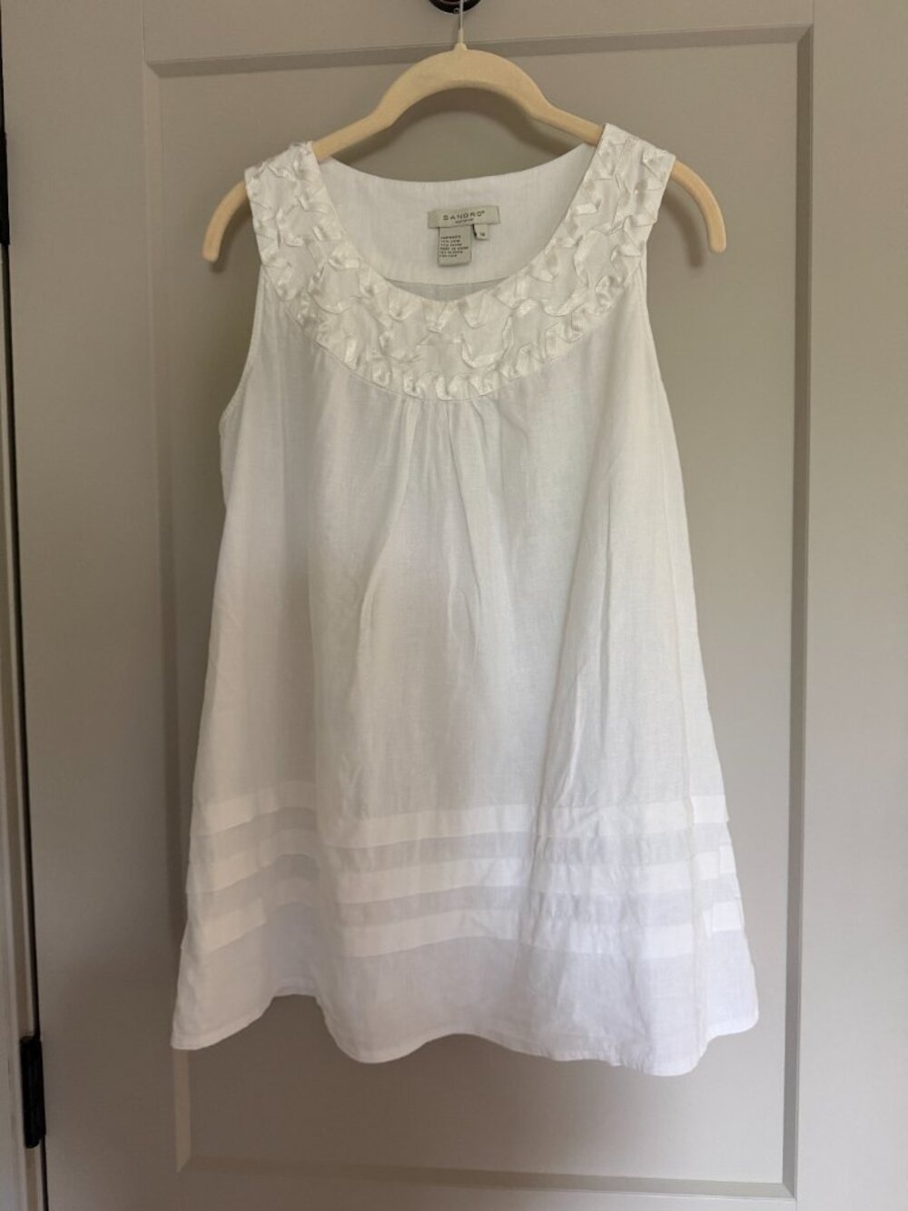 Sandro White‎ Linen Pintuck Ribbon Detail Blouse Luxury Lagenlook Resort